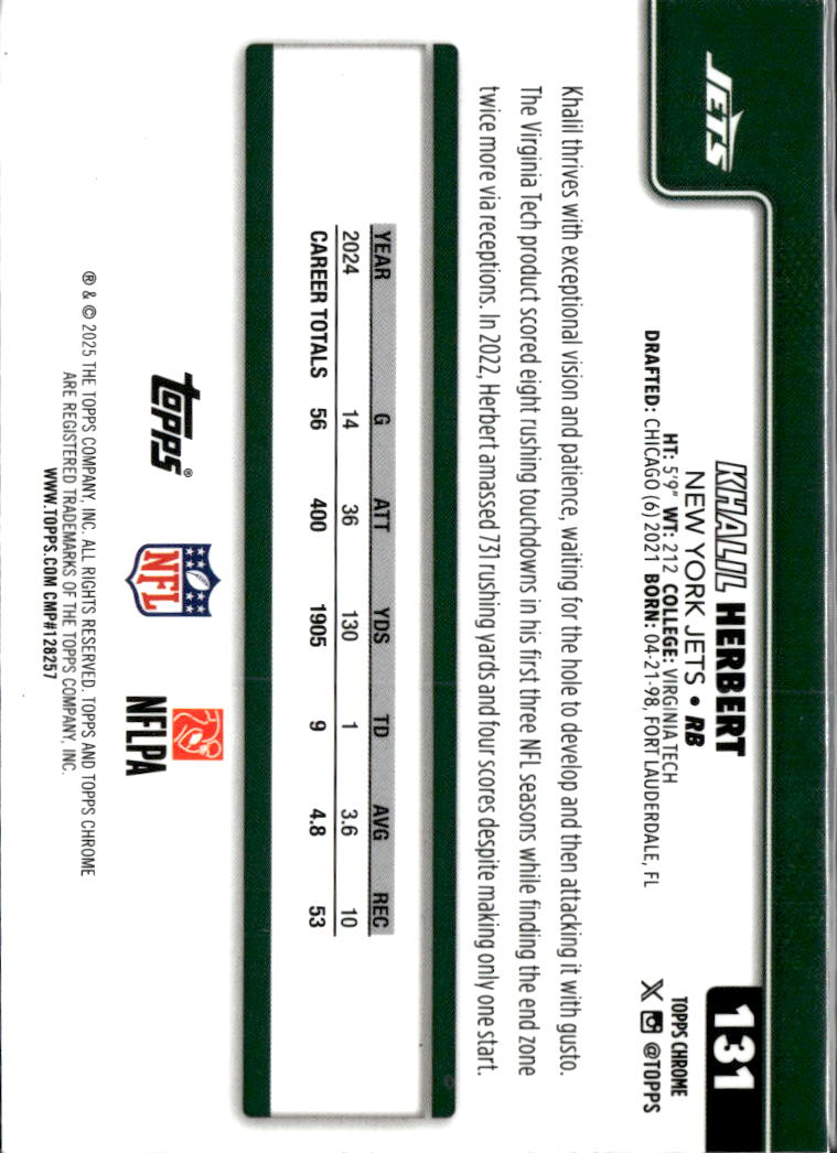 Khalil Herbert 2025 Topps Chrome Neon Pulse Refractor New York Jets