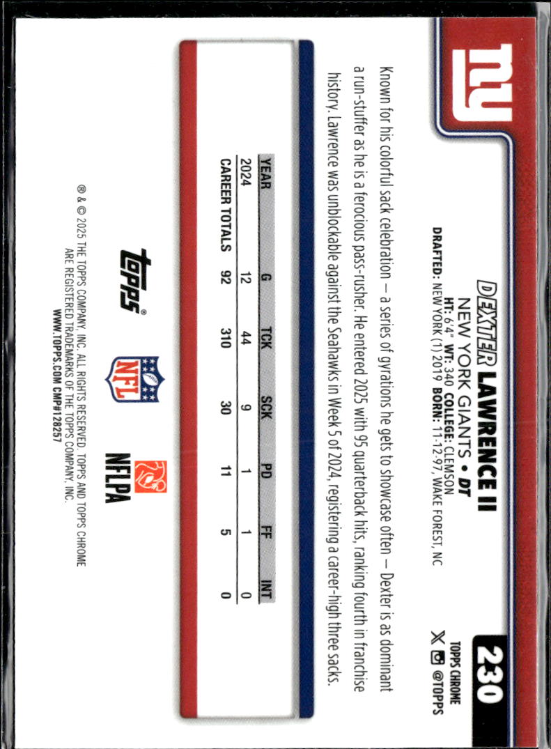 Dexter Lawrence II 2025 Topps Chrome Neon Pulse Refractor New York Giants