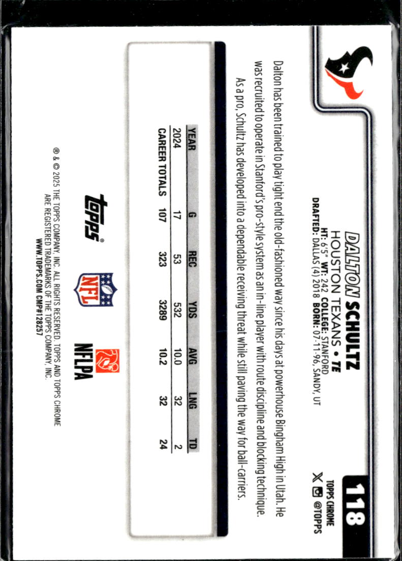 Dalton Schultz 2025 Topps Chrome Neon Pulse Refractor Houston Texans