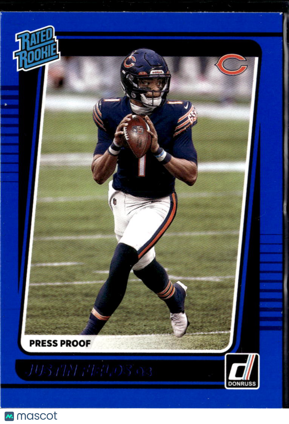 Justin Fields 2021 Donruss Rated Rookie Blue Press Proof RC Chicago Bears