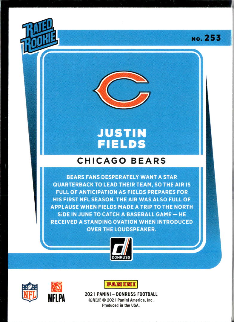 Justin Fields 2021 Donruss Rated Rookie Blue Press Proof RC Chicago Bears