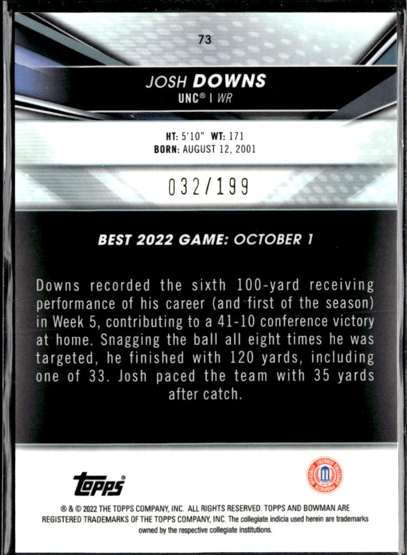 Josh Downs 2022 Bowman's Best Aqua Lava Rookie /199 North Carolina Tar Heels