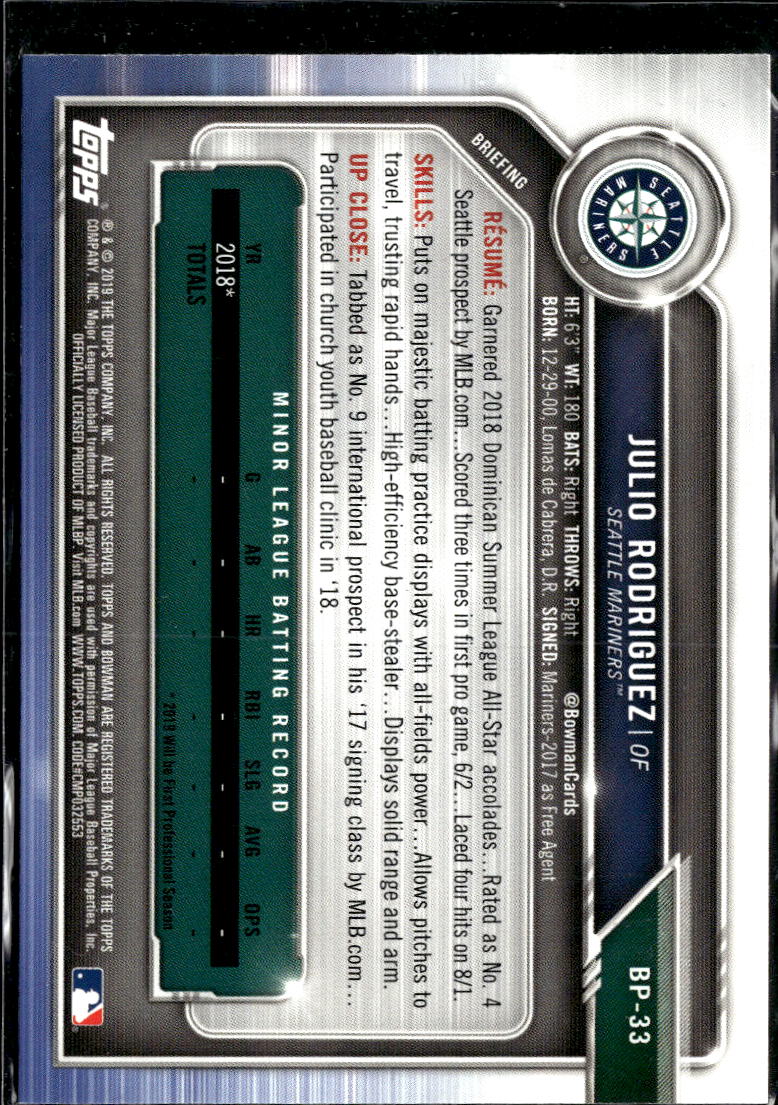 Julio Rodriguez 2019 Bowman 1st Rookie RC Seattle Mariners