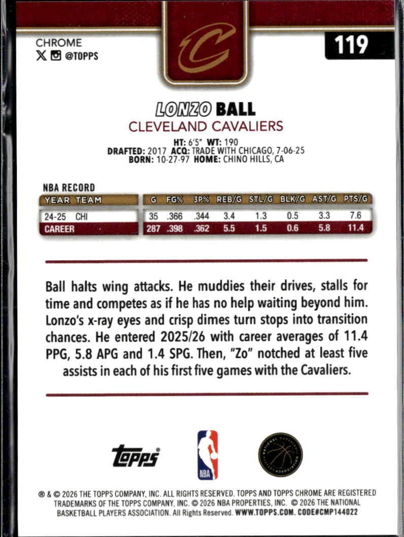 Lonzo Ball 2026 Topps Chrome Sapphire Orange 3/25 Cleveland Cavaliers