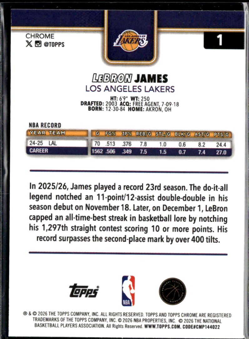 LeBron James 2026 Topps Chrome Blue Sapphire #1 Los Angeles Lakers