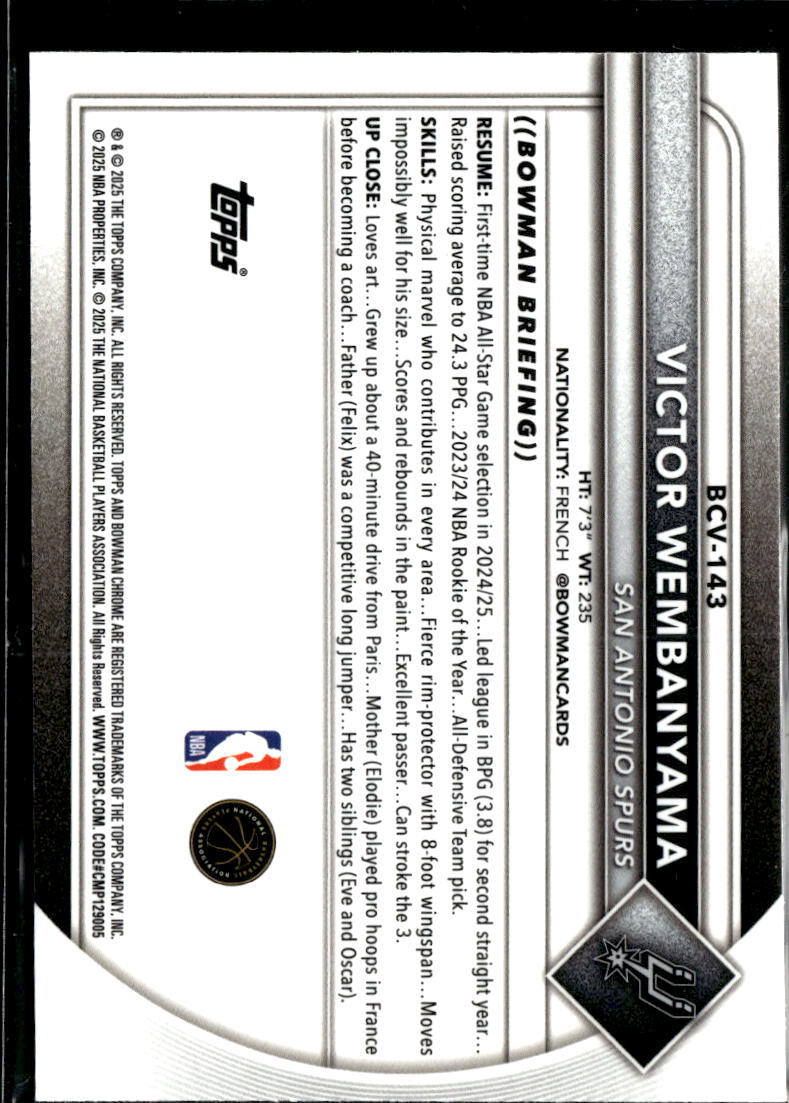Victor Wembanyama 2025 Bowman Chrome Reptillian Refractor San Antonio Spurs