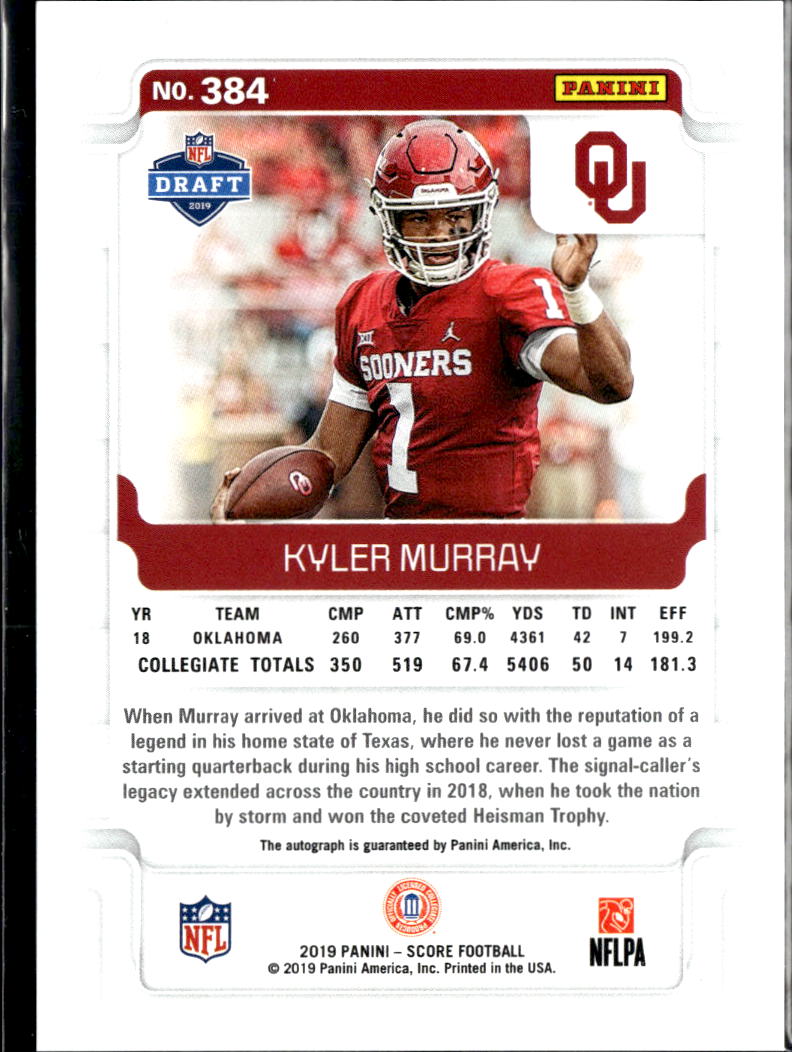Kyler Murray 2019 Score Auto Autograph First Down RC 3/10 Oklahoma Sooners