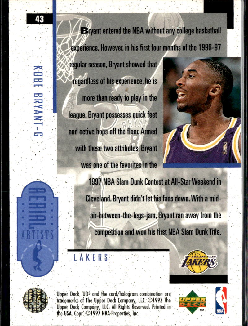 Kobe Bryant 1996-97 UD3 Aerial Artists Rookie RC #43 Los Angeles Lakers