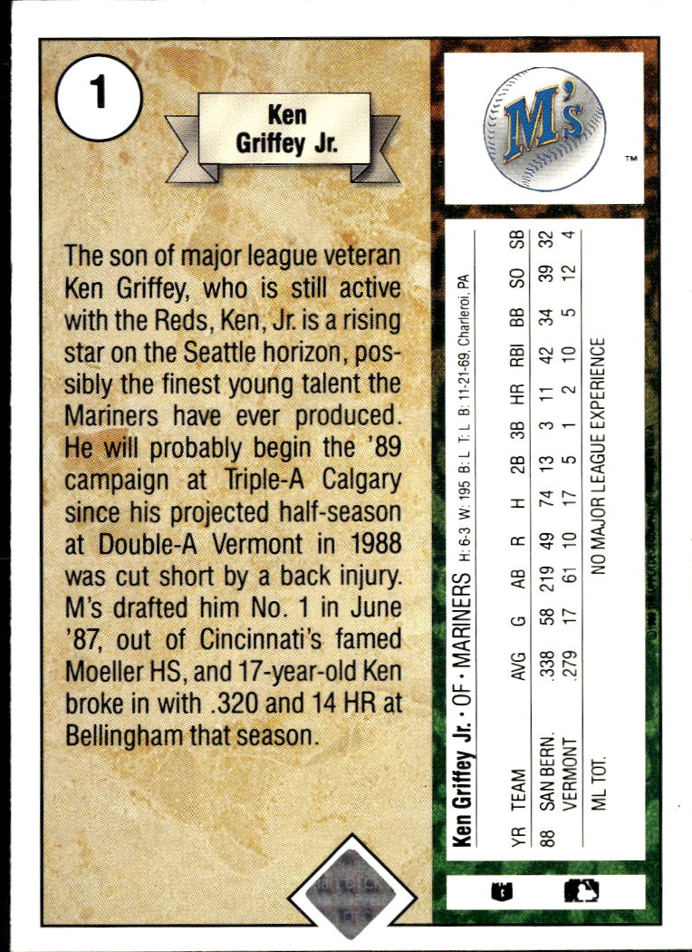 Ken Griffey Jr. 1989 Upper Deck Rookie Card RC #1 Seattle Mariners