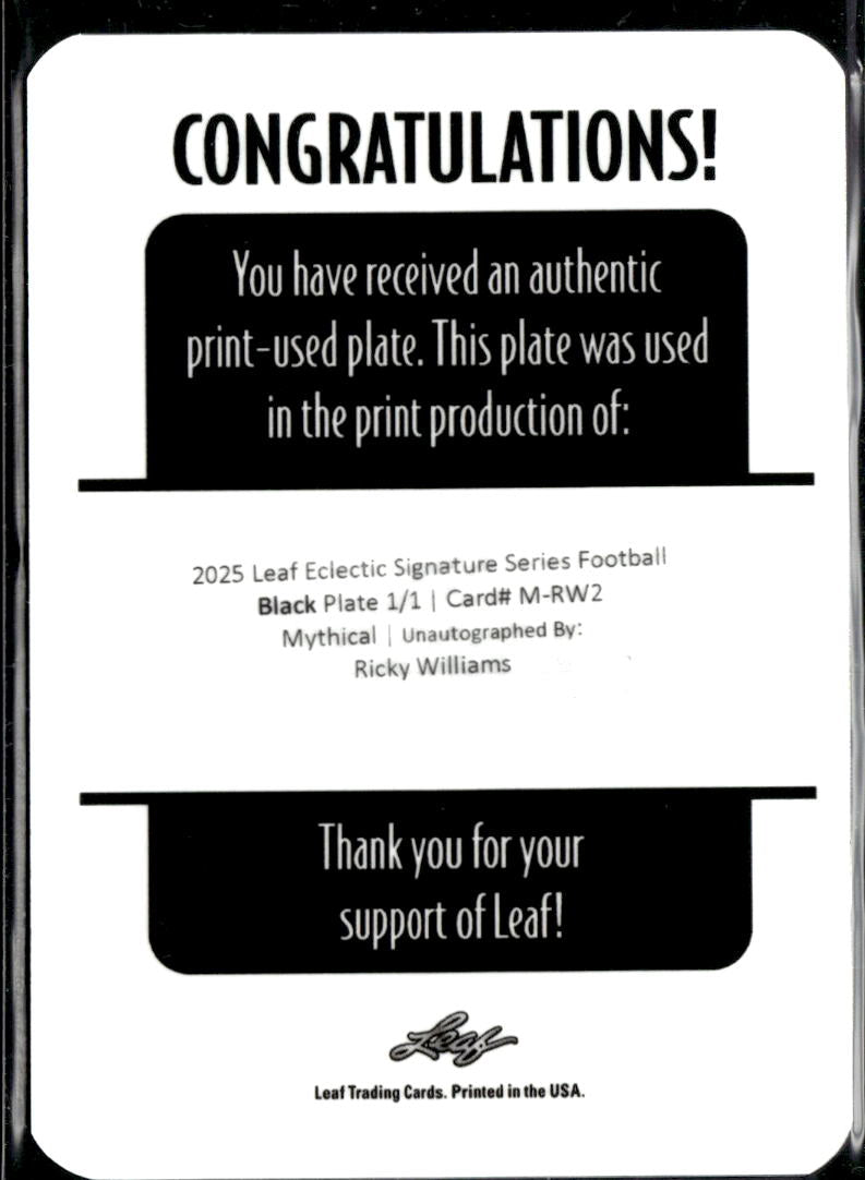 Ricky Williams 2025 Leaf Eclectic Black Printing Plate Longhorns Saints 1/1