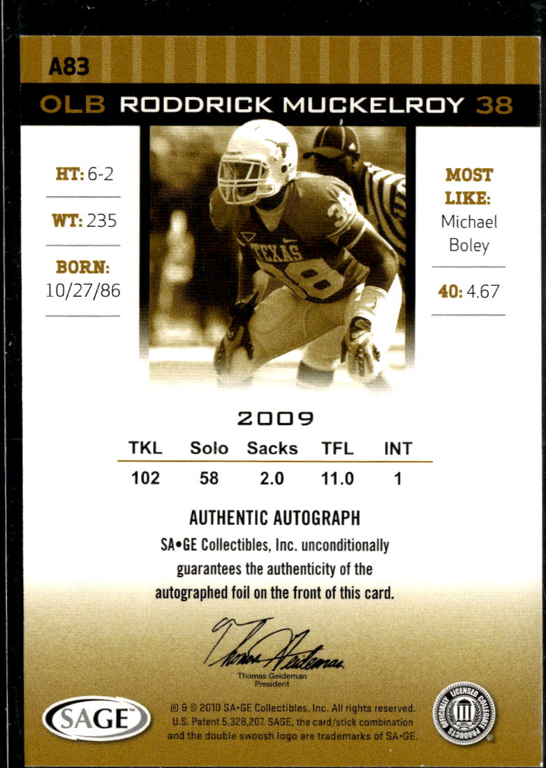 Roddrick Muckelroy 2010 SAGE HIT Auto Autograph RC Texas Longhorns
