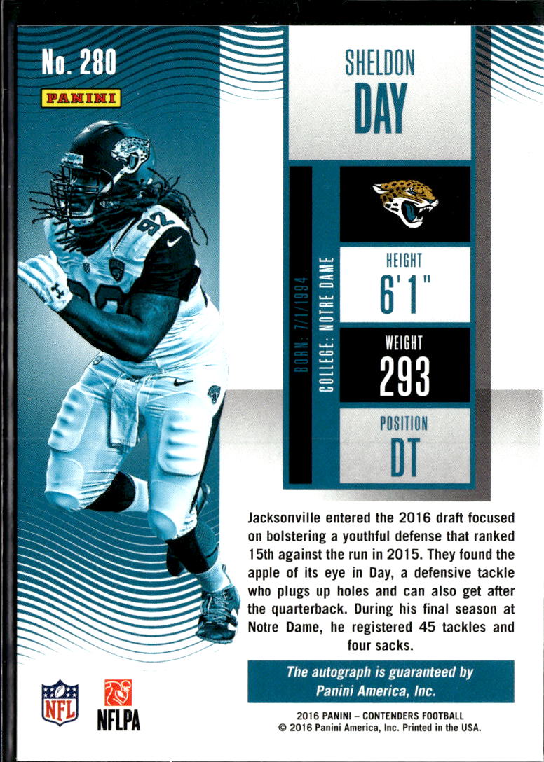 Sheldon Day 2016 Contenders Auto Autograph RC Jacksonville Jaguars