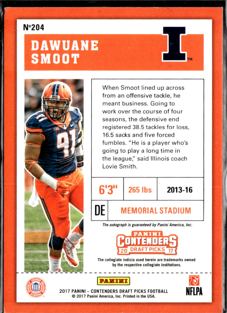 Dawuane Smoot 2017 Contenders Auto Autograph RC Illinois Fighting Illini