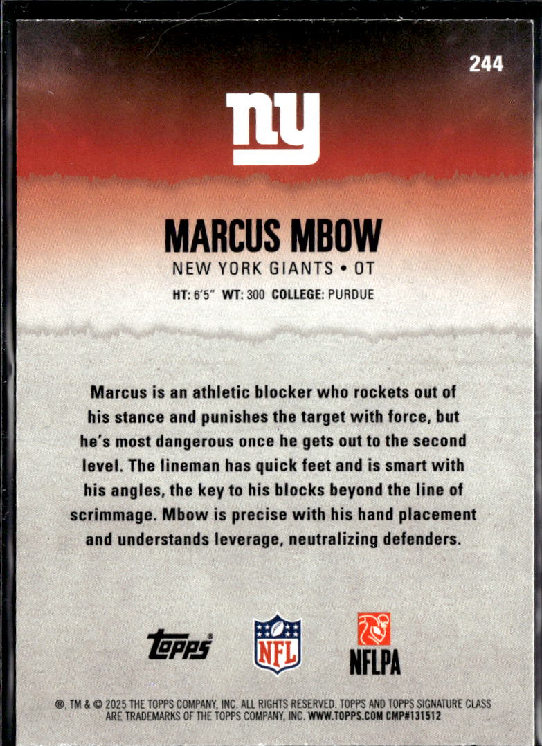 Marcus Mbow 2025 Topps Signature Class RC /275 New York Giants