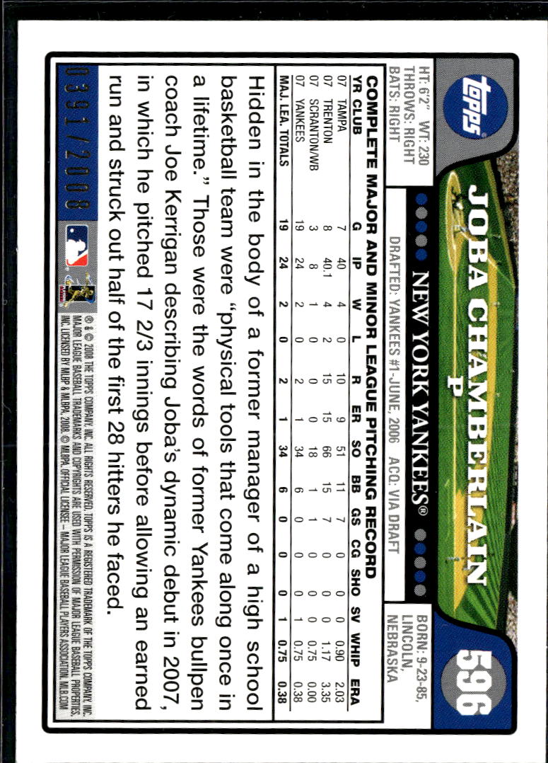 Joba Chamberlain 2008 Topps Gold /2008 New York Yankees