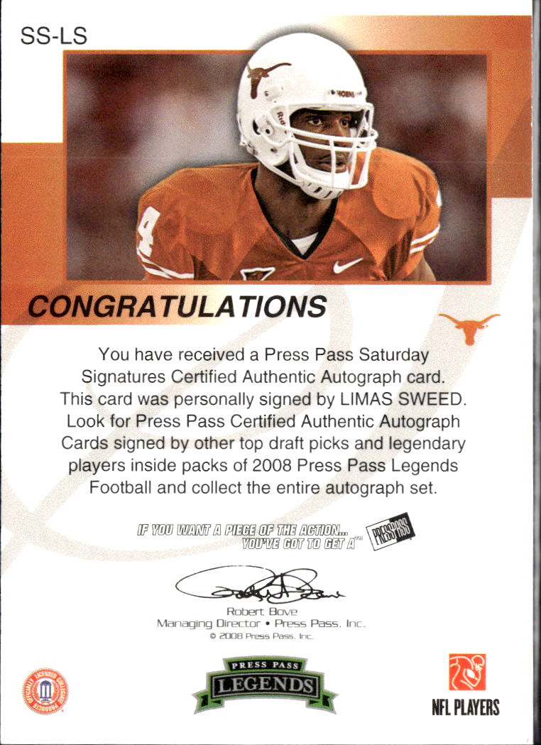 Limas Sweed 2008 Press Pass Auto Autograph RC Texas Longhorns