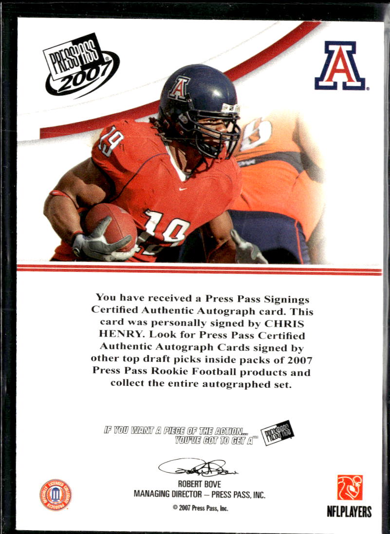 Chris Henry 2007 Press Pass Auto Autograph RC Arizona Wildcats
