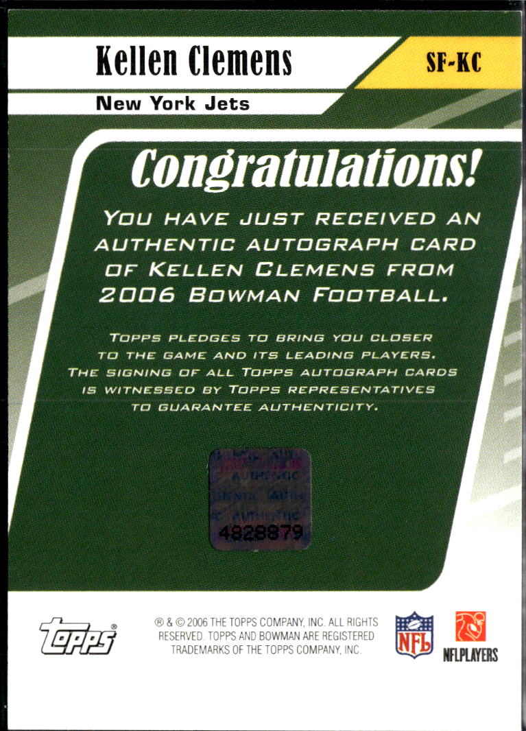 Kellen Clemens 2006 Bowman Signs of the Future Auto Autograph RC New York Jets
