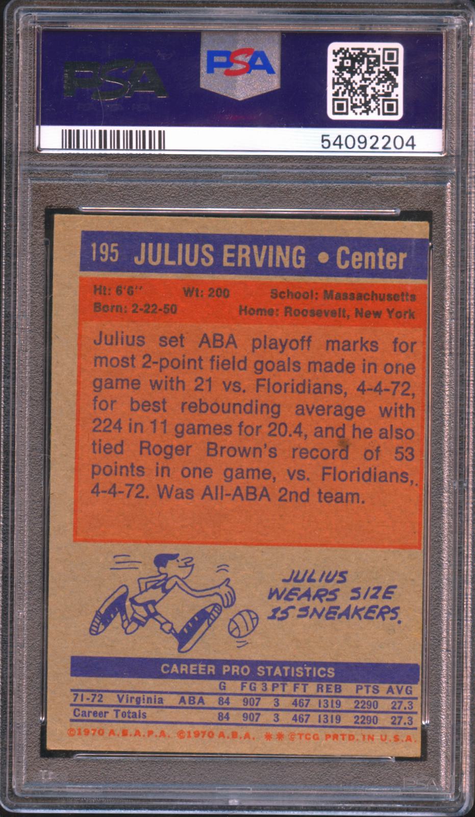 Julius Erving 1972 Topps Rookie Card RC Virginia Squires 76ers #195 PSA 5 MC
