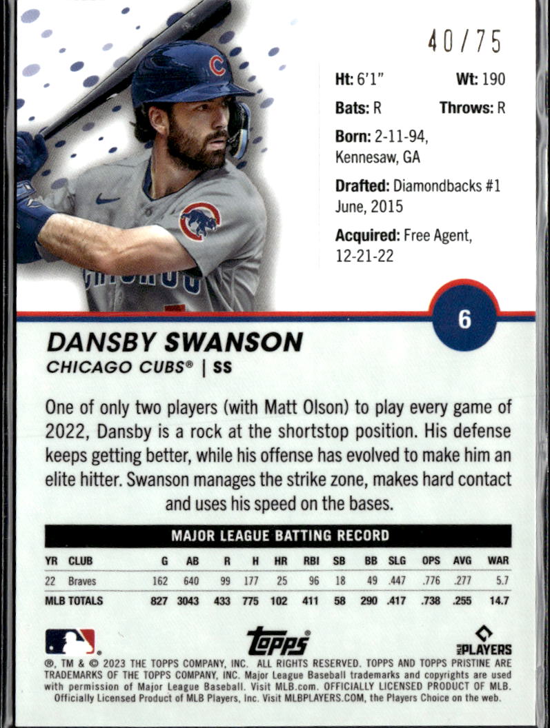 Dansby Swanson 2023 Topps Pristine Blue Refractor 40/75 Chicago Cubs