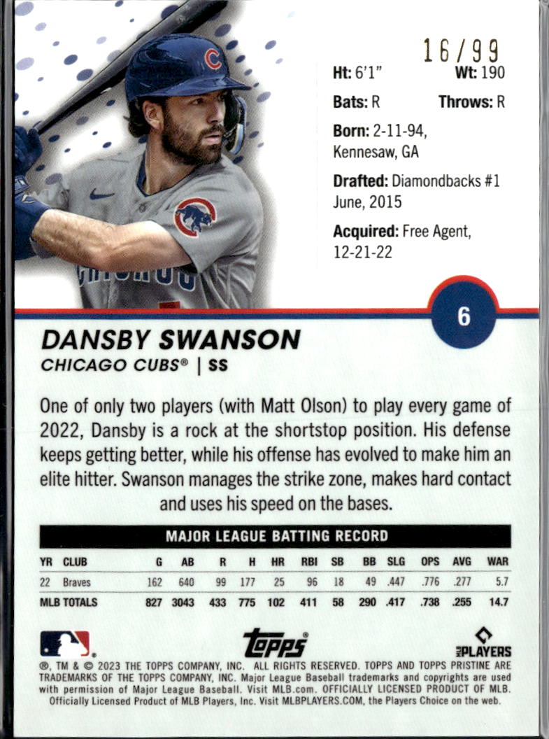Dansby Swanson 2023 Topps Pristine Purple Refractor 16/99 Chicago Cubs