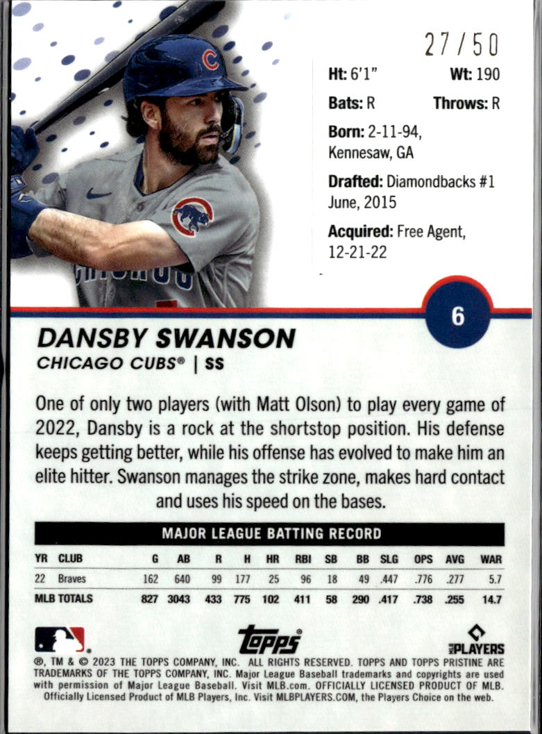 Dansby Swanson 2023 Topps Pristine GOLD Refractor 27/50 Chicago Cubs