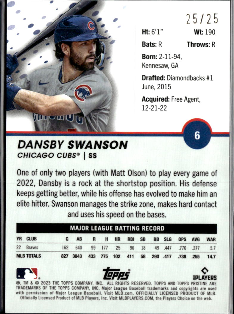 Dansby Swanson 2023 Topps Pristine Orange Refractor 25/25 Chicago Cubs