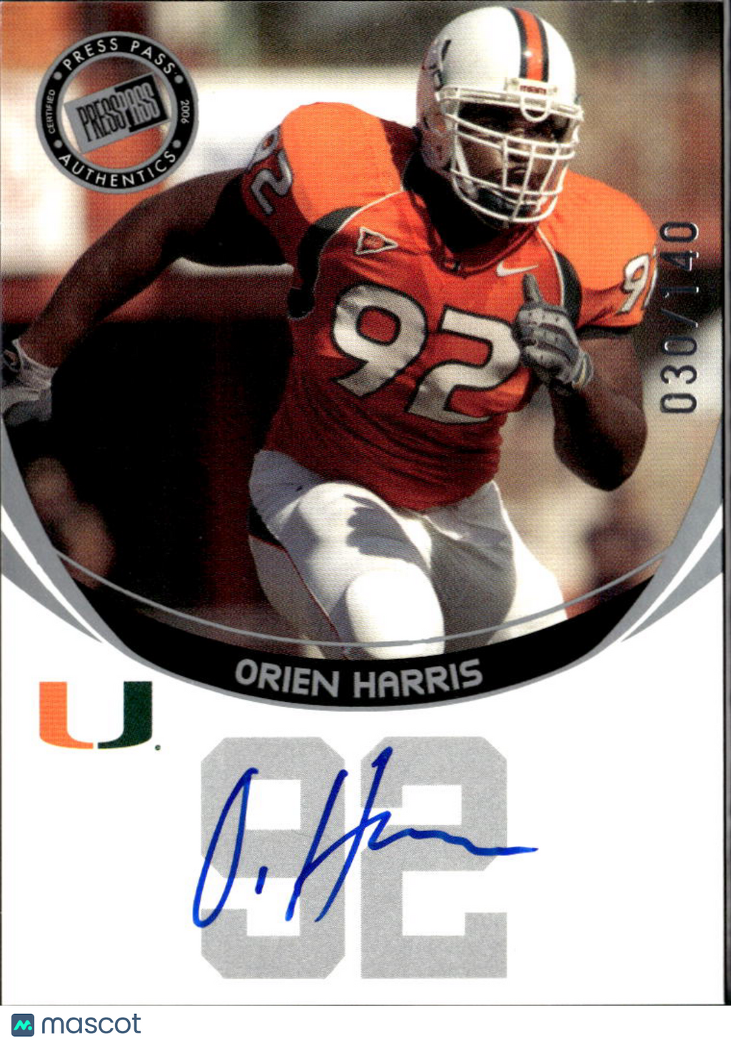 Orien Harris 2006 Press Pass Auto Autograph RC 30/140 Miami Hurricanes