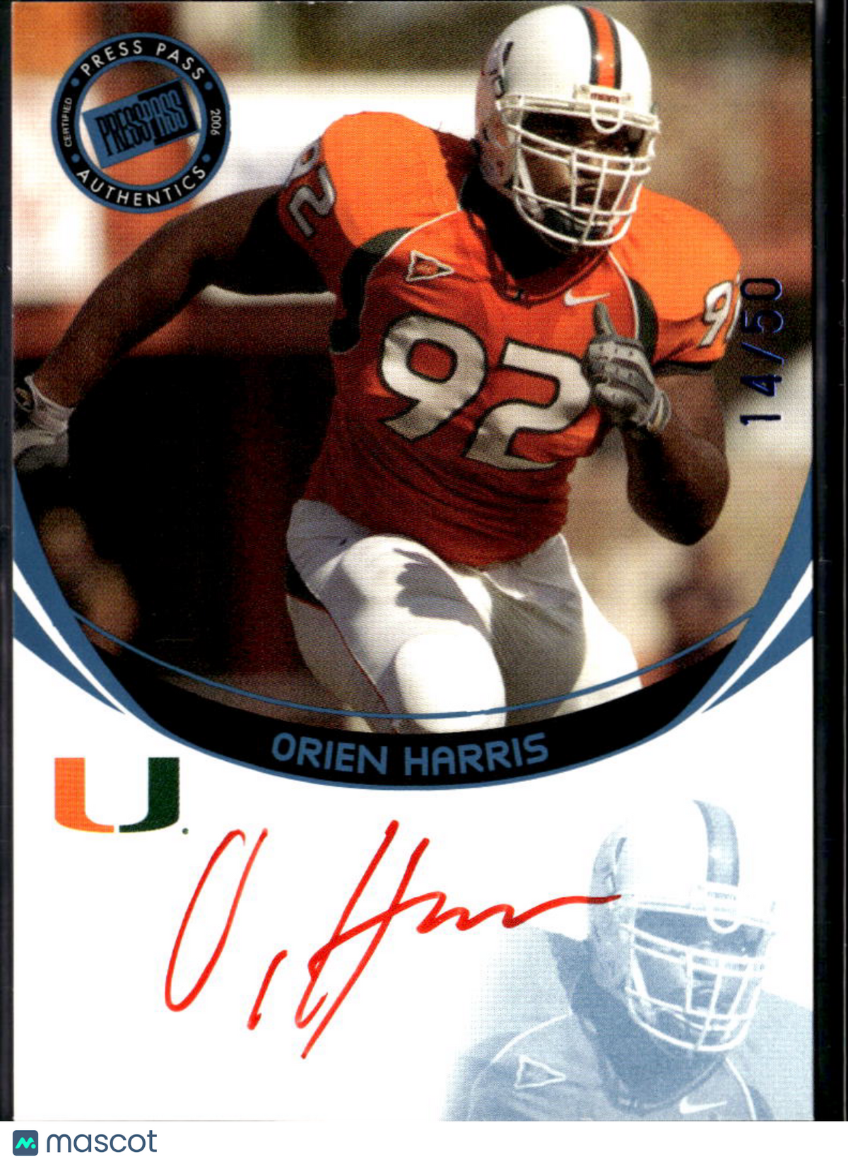 Orien Harris 2006 Press Pass Auto Autograph GOLD RC 58/100 Miami Hurricanes