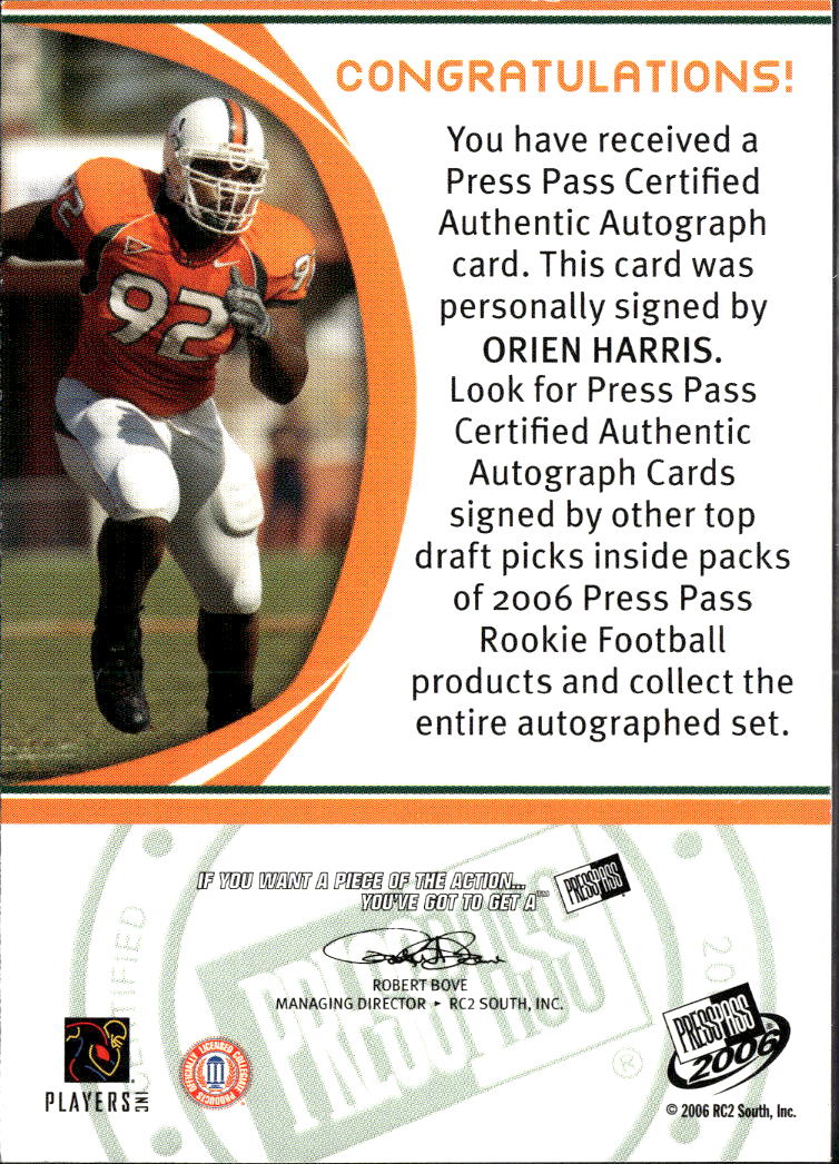 Orien Harris 2006 Press Pass Auto Autograph GOLD RC 58/100 Miami Hurricanes