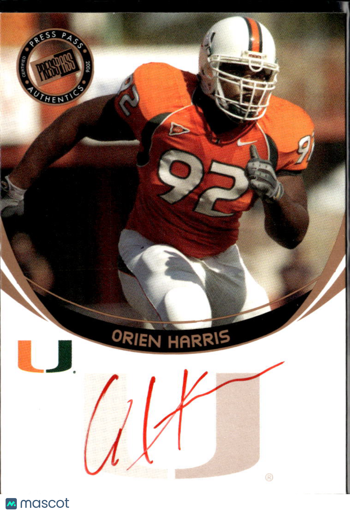 Orien Harris 2006 Press Pass Bronze Red Ink Auto Autograph RC Miami Hurricanes