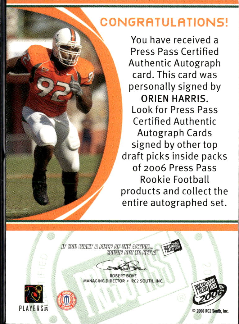 Orien Harris 2006 Press Pass Bronze Red Ink Auto Autograph RC Miami Hurricanes