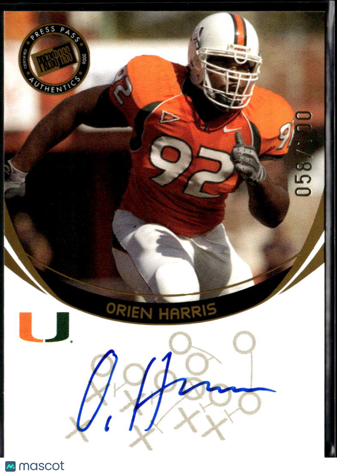 Orien Harris 2006 Press Pass Blue Red Ink Auto Autograph 14/50 Miami Hurricanes