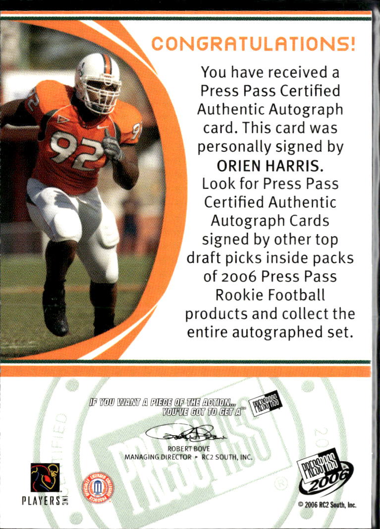 Orien Harris 2006 Press Pass Blue Red Ink Auto Autograph 14/50 Miami Hurricanes