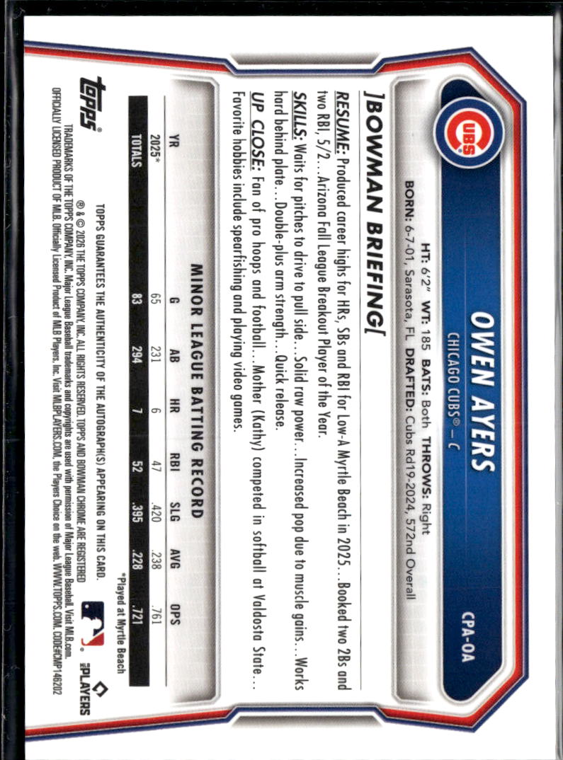 Owen Ayers 2026 Bowman Chrome 1st Auto Autograph Packfractor 50/89 Chicago Cubs