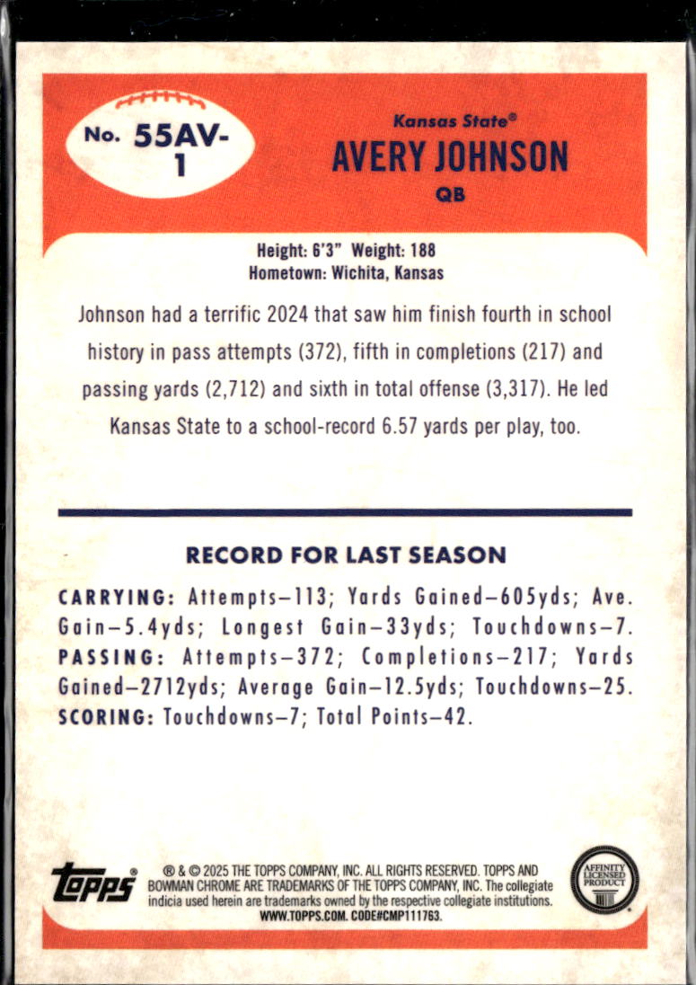 Avery Johnson 2025 Bowman Chrome '55 Gold Refractor 11/50 Kansas State Wildcats