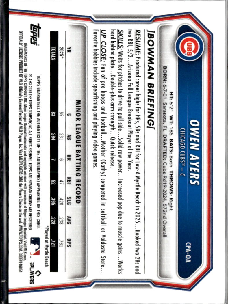 Owen Ayers 2026 Bowman Chrome 1st Auto Autograph RC Chicago Cubs