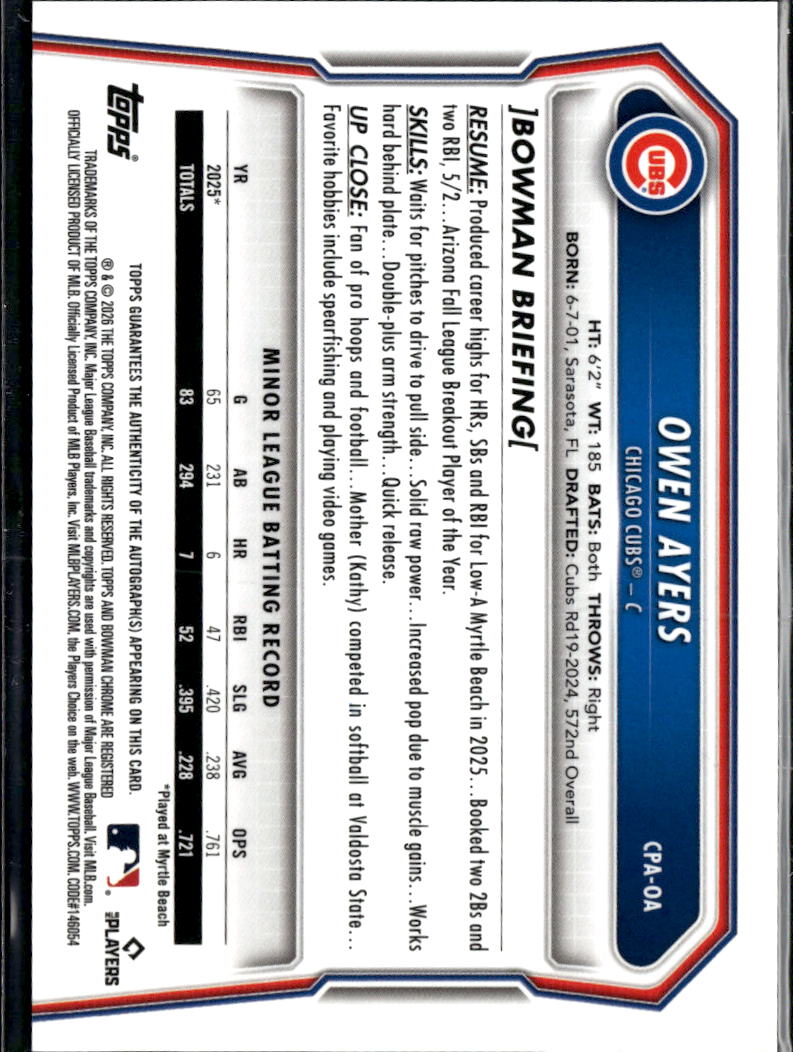 Owen Ayers 2026 Bowman Chrome 1st Auto Autograph RC Chicago Cubs