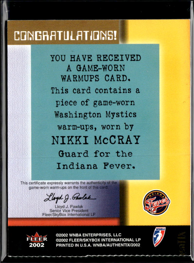 Nikki McCray 2002 Fleer Authentix Ripped Game Worn Warmups Patch Indiana Fever