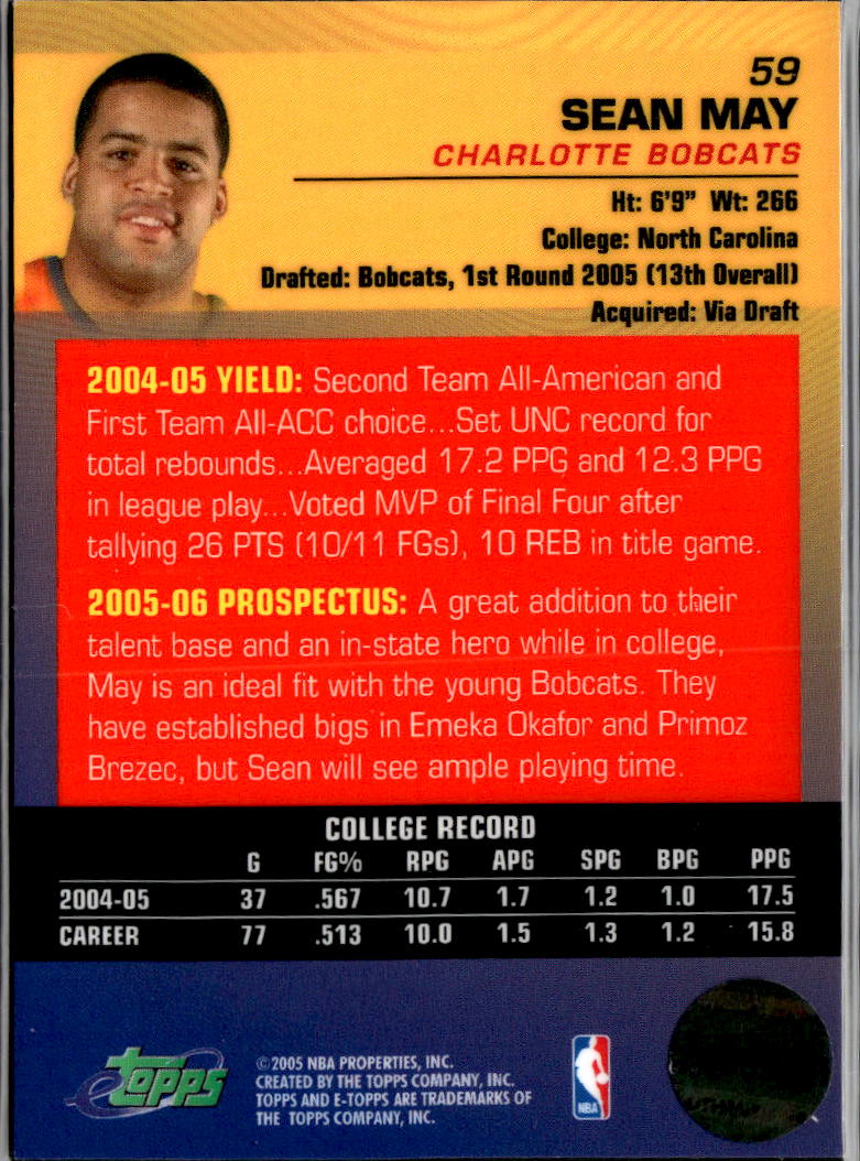 Sean May 2005 Topps ETopps Rookie RC #69 Charlotte Bobcats