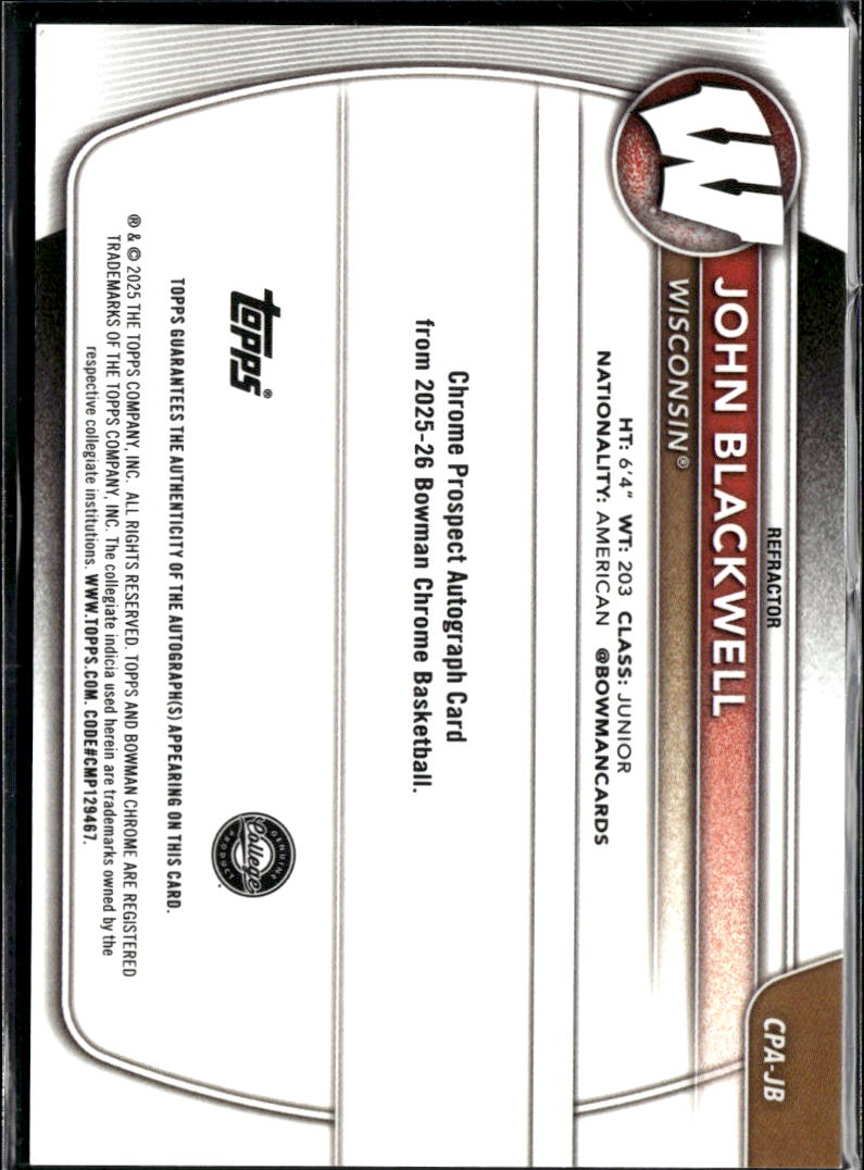 John Blackwell 2025 Bowman Chrome 1st Auto Autograph 25/499 Wisconsin Badgers