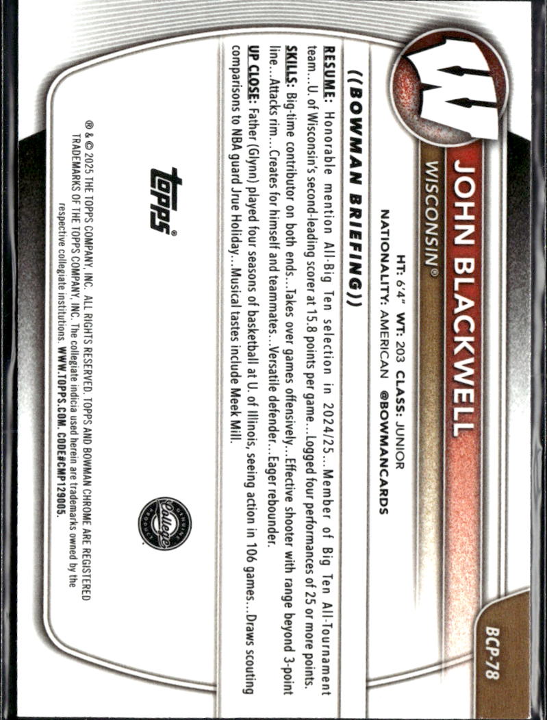 John Blackwell 2025 Bowman Chrome 1st Auto Autograph 2/75 Wisconsin Badgers