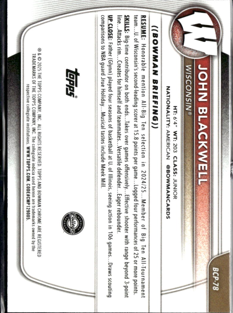 John Blackwell 2025 Bowman Chrome 1st Blue Reptillian /150 Wisconsin Badgers
