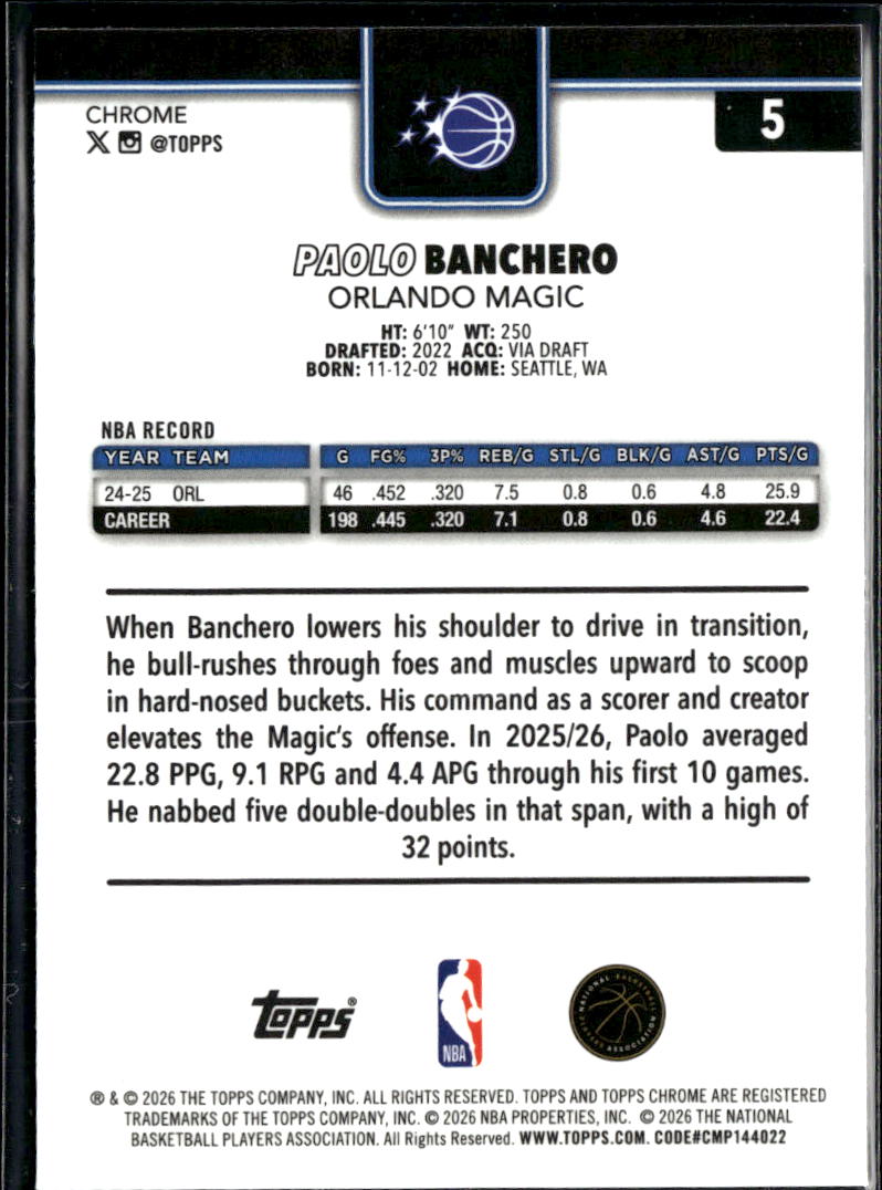 Paolo Banchero 2026 Topps Chrome Update Sapphire Orlando Magic