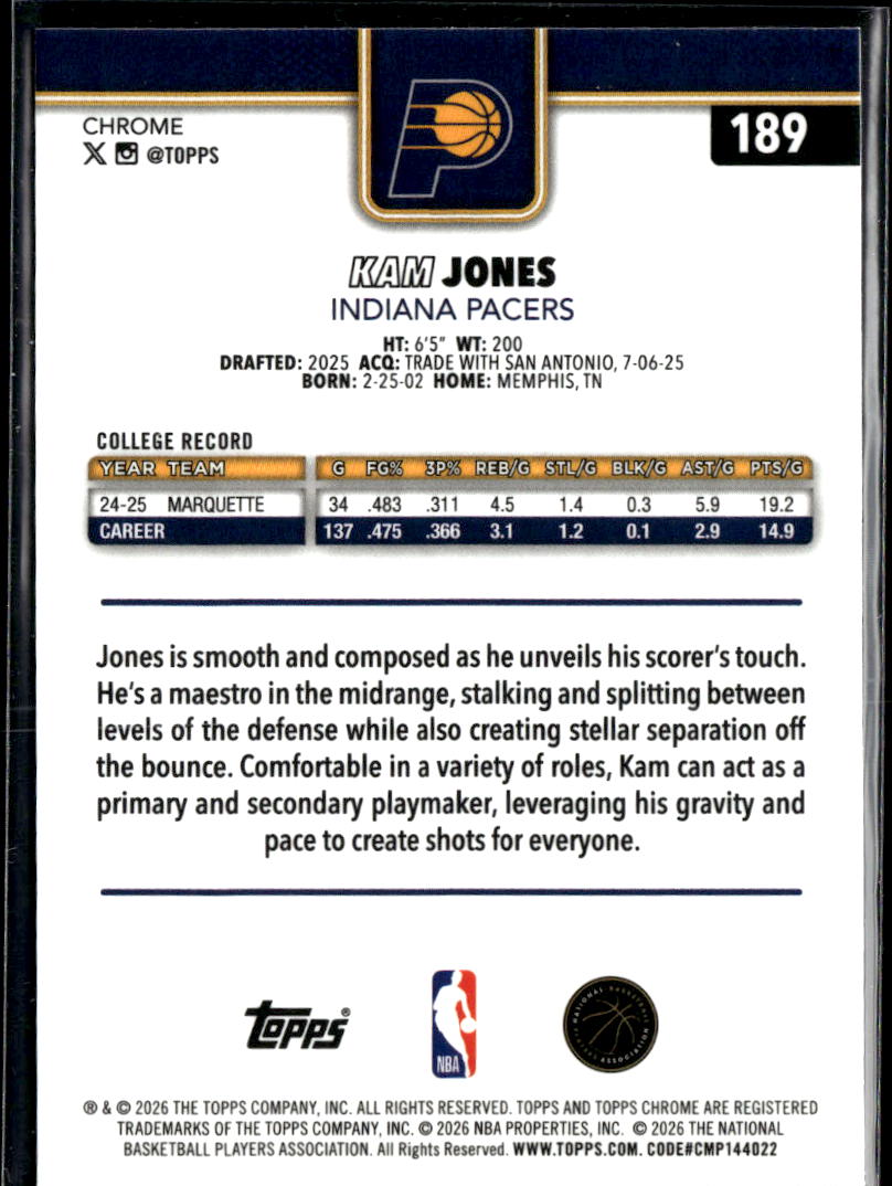 Kam Jones 2026 Topps Chrome Update RC Blue Sapphire Indiana Pacers