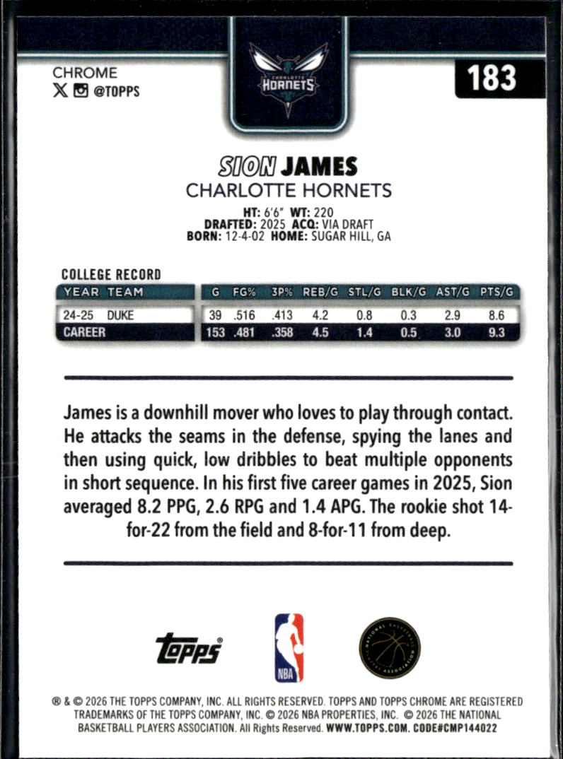 Sion James 2026 Topps Chrome Update Sapphire Rookie RC Charlotte Hornets