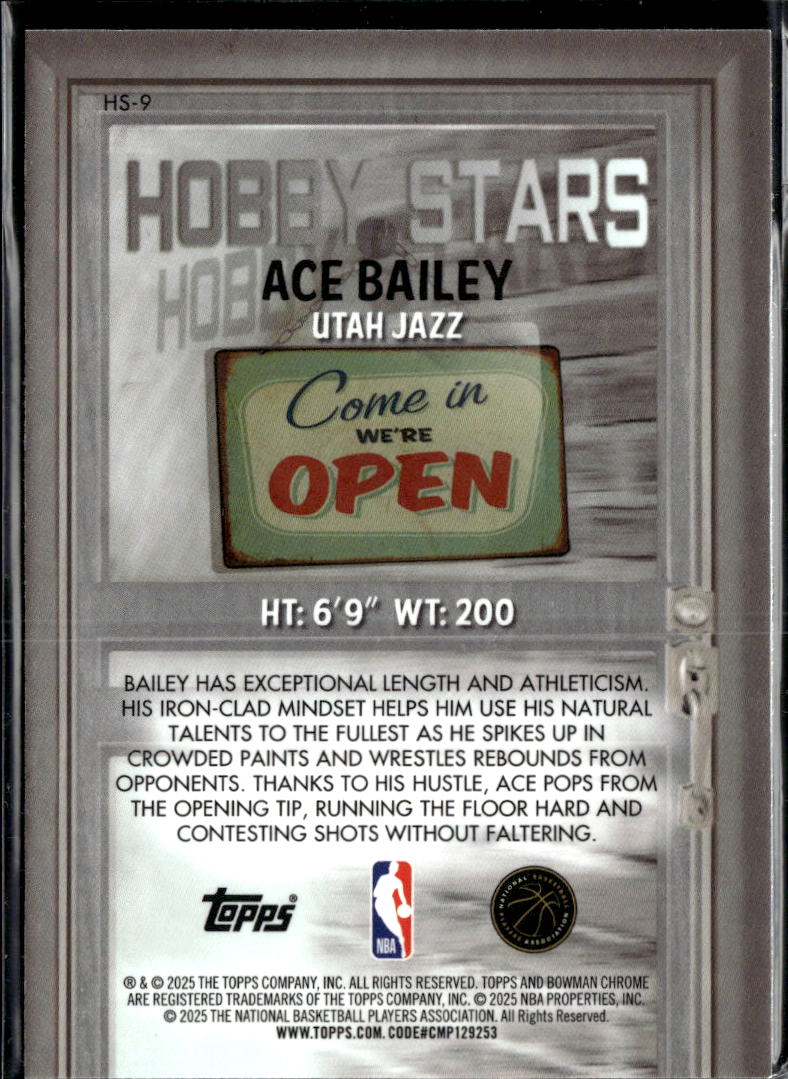 Ace Bailey 2025 Bowman Chrome Hobby Stars RC Utah Jazz