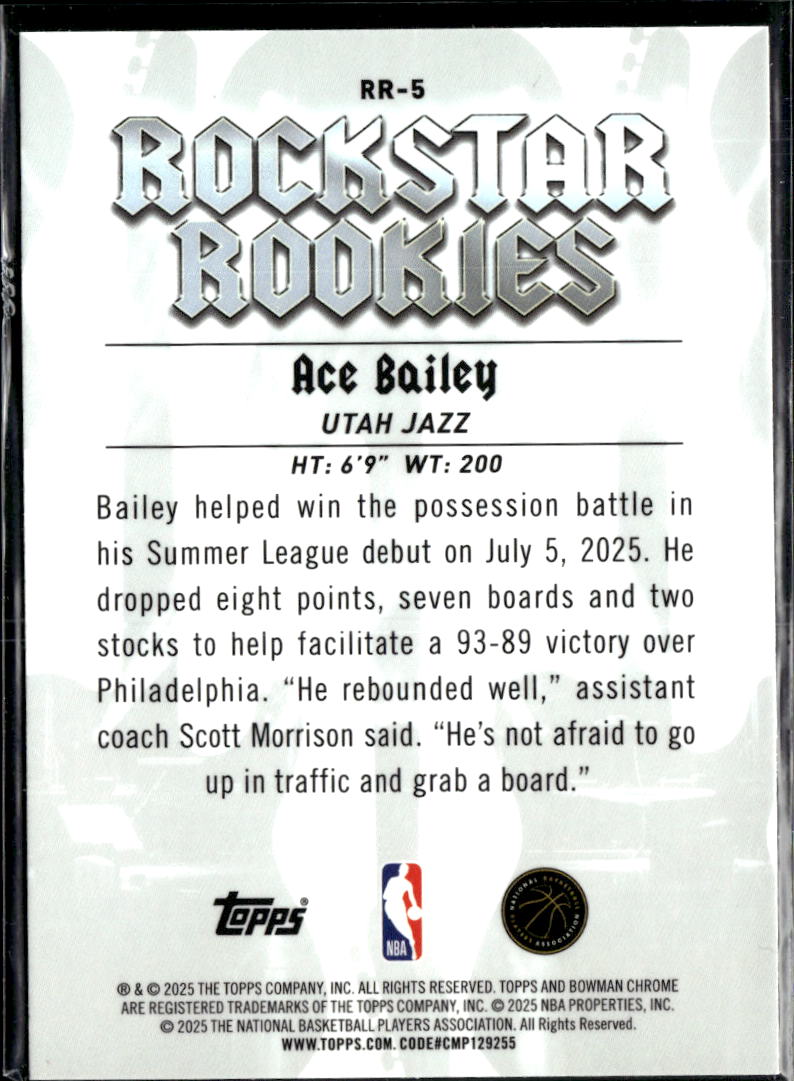 Ace Bailey 2025 Bowman Chrome Rockstar Rookies RC Utah Jazz