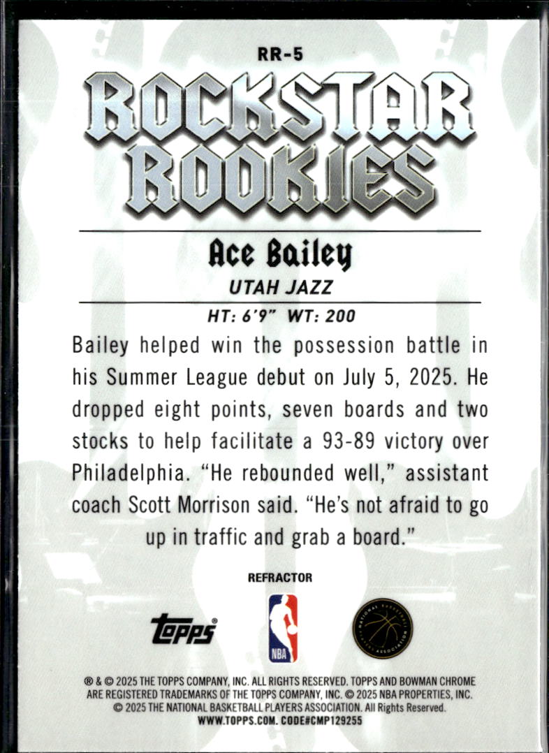 Ace Bailey 2025 Bowman Chrome Rockstar Rookies RC Refractor Utah Jazz