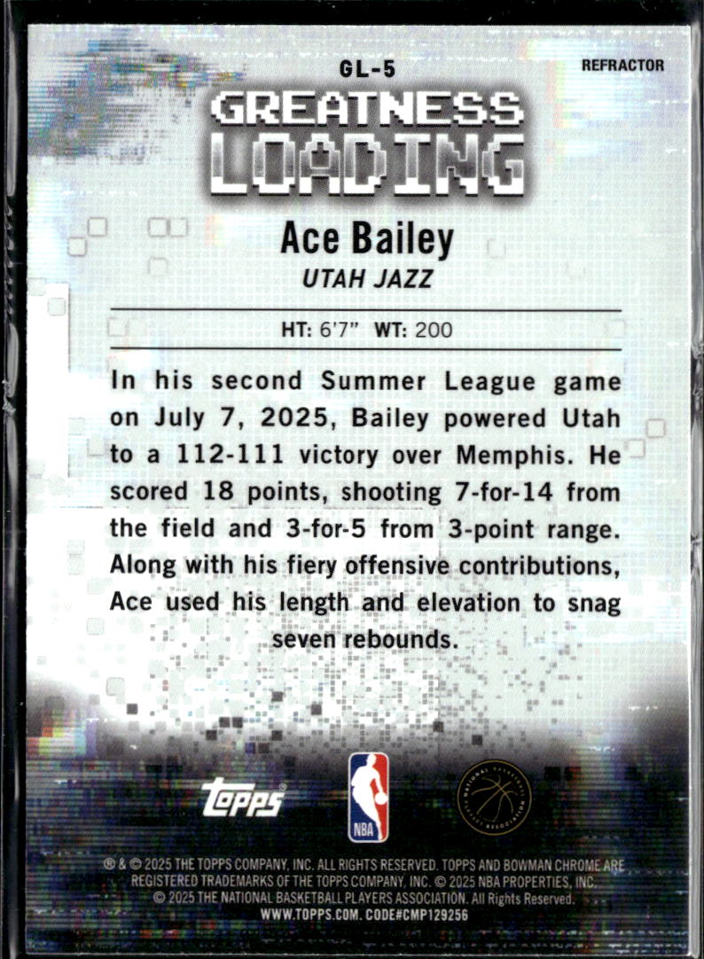 Ace Bailey 2025 Bowman Chrome Greatness Loading RC Refractor Utah Jazz
